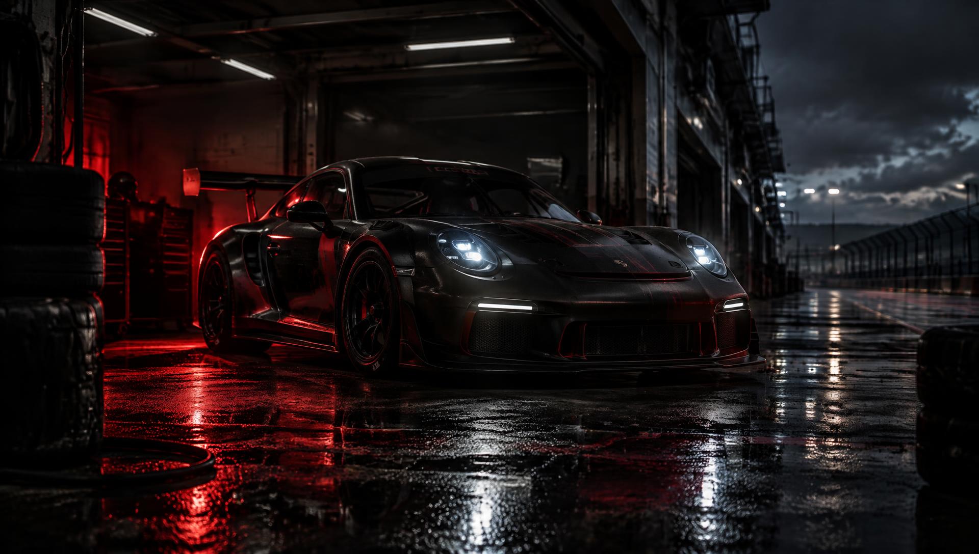 GT3 racing car parked in a dark pit garage lit by red light, with a wet pit lane behind it