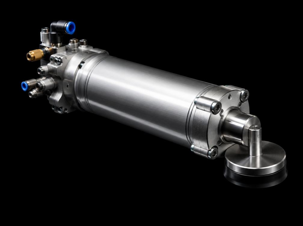 Pneumatic motorsport air jack cylinder on a black background