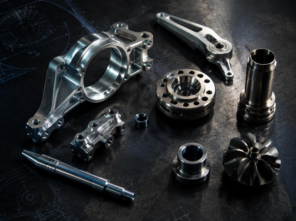 Assortment of machined bespoke motorsport parts on a dark surface