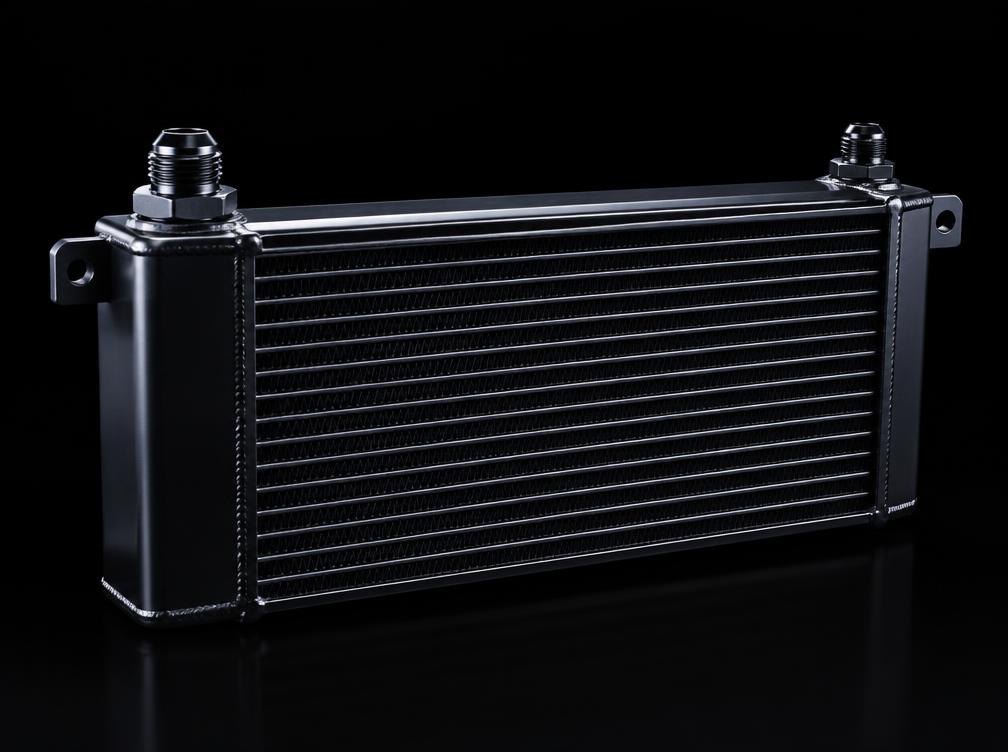 Black motorsport oil cooler core with threaded fittings